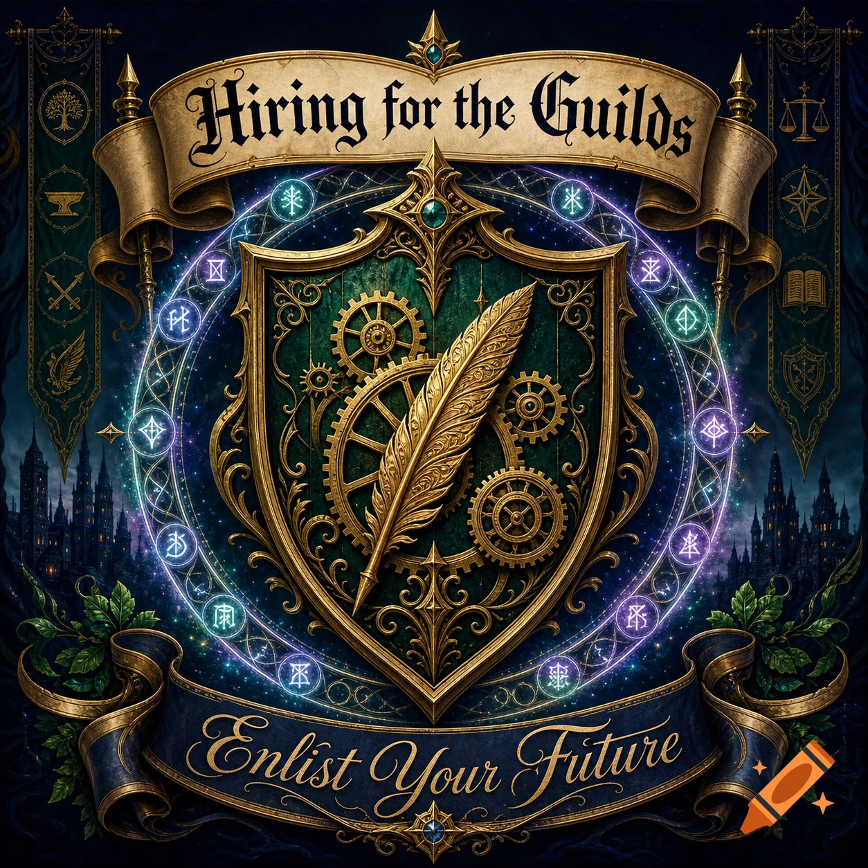 A fantasy-style logo featuring a gold and green shield with gears, a quill, banners with text "Hiring for the Guilds" and "Enlist Your Future", and glowing runes.