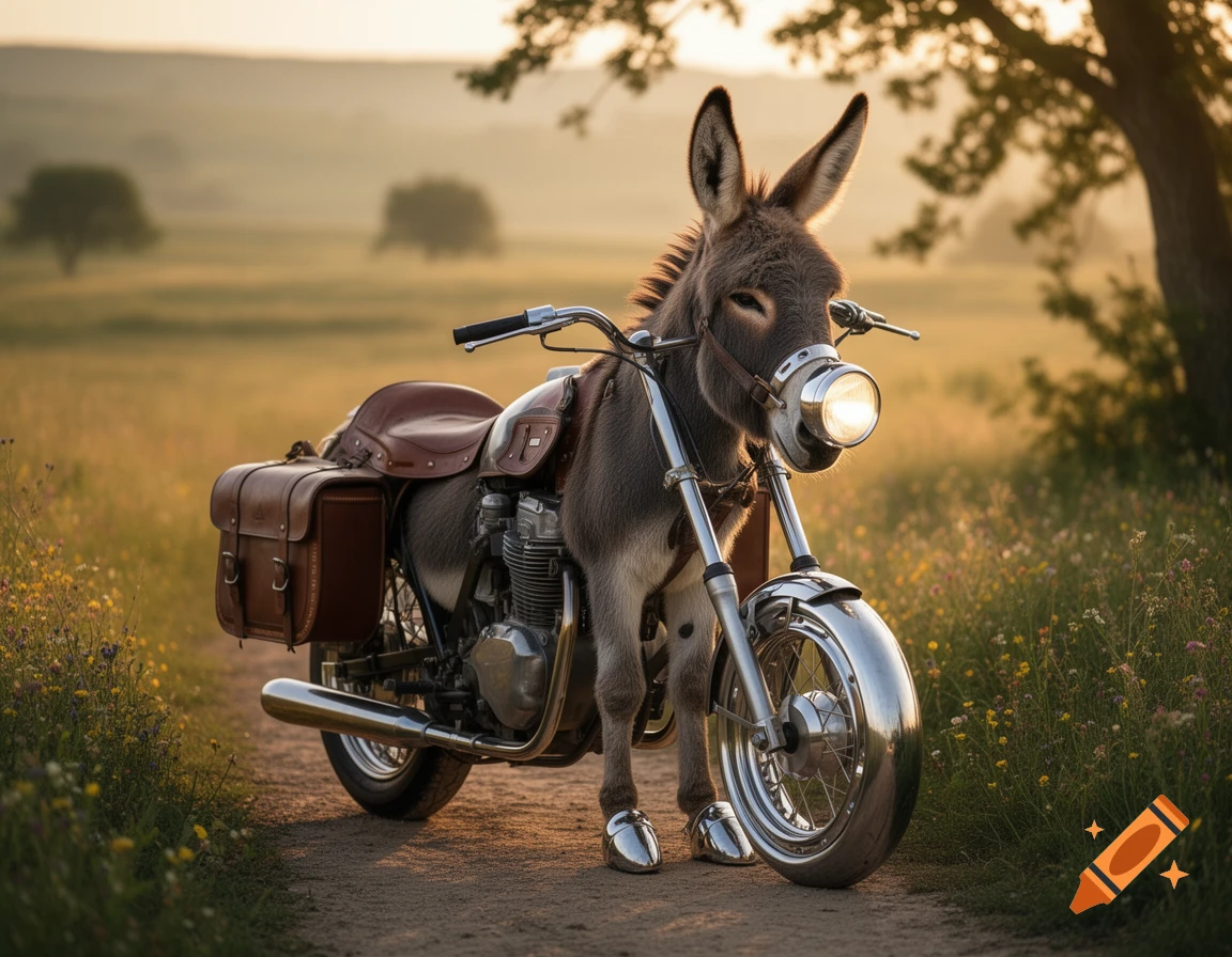 A photorealistic image of a donkey-motorcycle hybrid standing on a dirt path in a sunny field.
