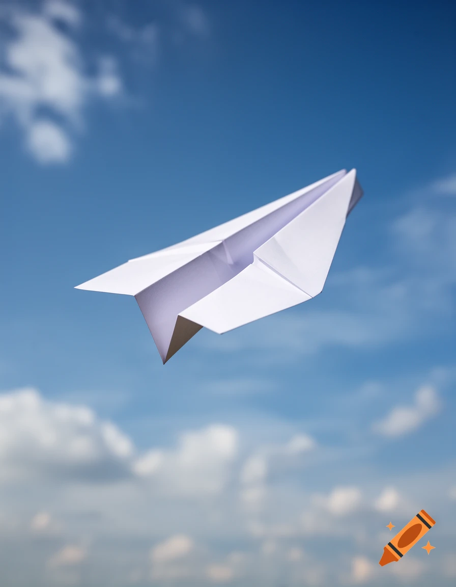 A white paper airplane flying high against a bright blue sky with fluffy white clouds.