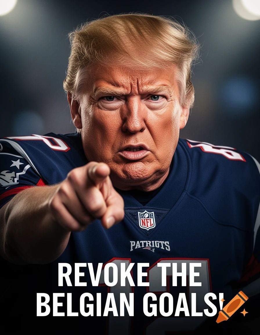 Photorealistic portrait of Donald Trump in a football jersey, pointing with an angry expression, with the text 'REVOKE THE BELGIAN GOALS!' below.