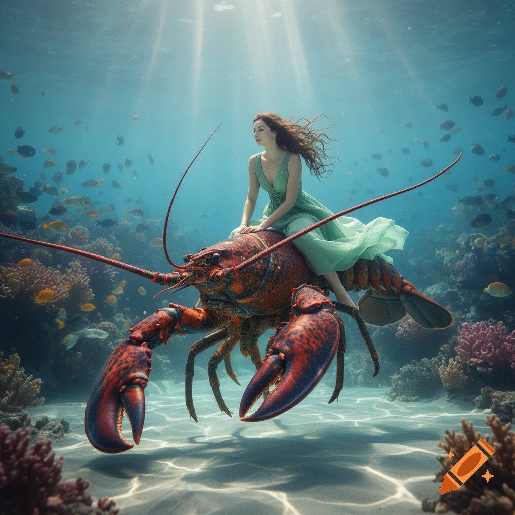 A woman in a green dress rides a giant red lobster underwater amidst a vibrant coral reef.