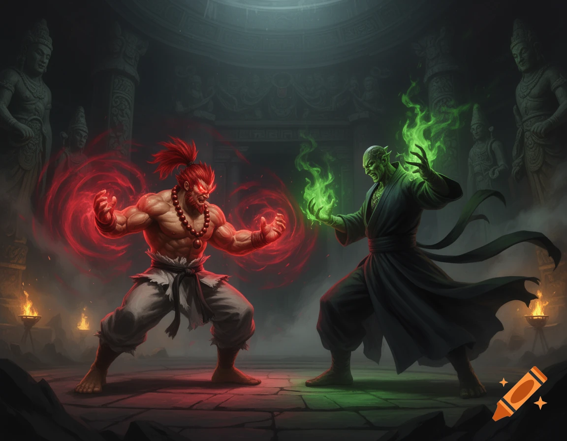 Akuma and Shang Tsung battle in a dark temple, wielding red and green energy.