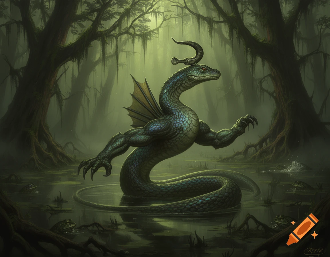 A mythical serpent creature with clawed arms and a key-like horn on its head stands in a misty, dark green swamp with frogs.