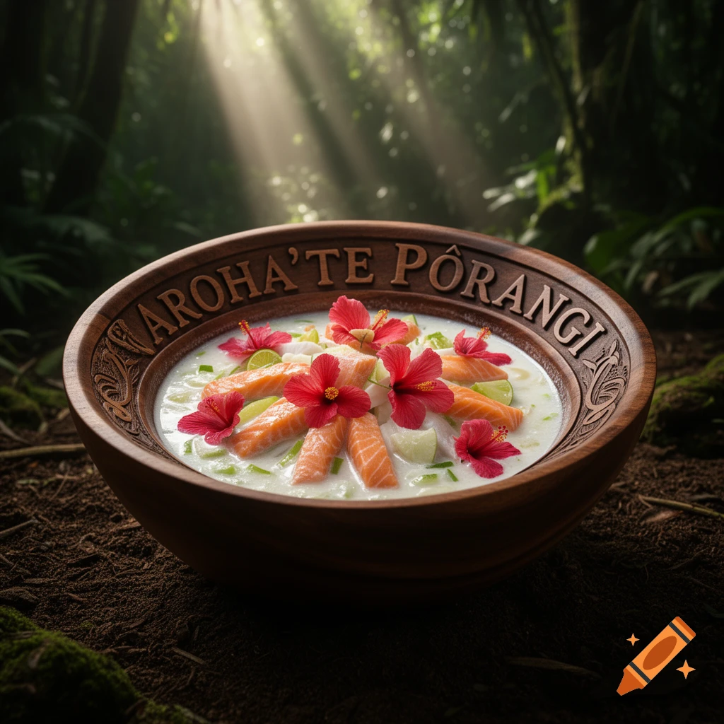 Photorealistic shot of a wooden bowl of Poisson Cru with trout and hibiscus flowers, in a sunlit jungle setting.