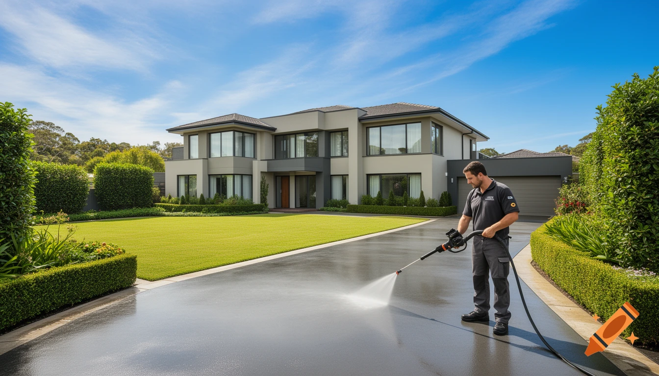 Man pressure washing a driveway in front of a modern house with green lawn and hedges under a blue sky.