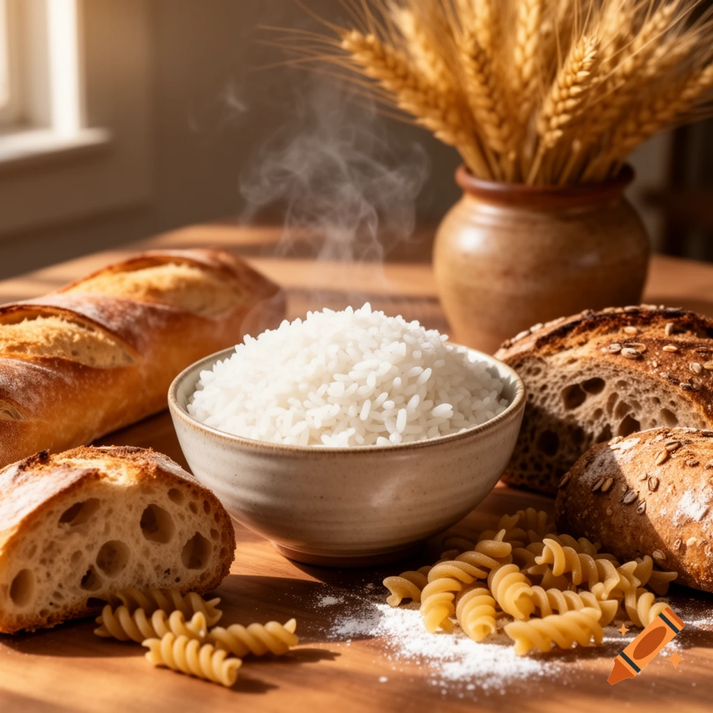A bowl of steaming white rice, bread loaves, and fusilli pasta on a wooden table with wheat stalks in the background, bathed in sunlight.