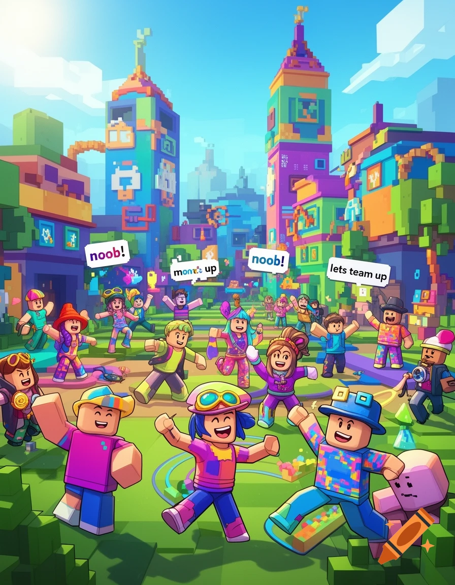 Vibrant, cartoon-style depiction of blocky characters and buildings, reminiscent of Roblox, with speech bubbles.