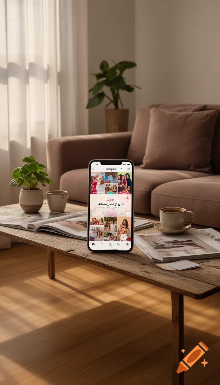 A smartphone displaying an Instagram feed rests on a rustic wooden coffee table, surrounded by magazines, a potted plant, and a coffee cup in a sunlit living room.