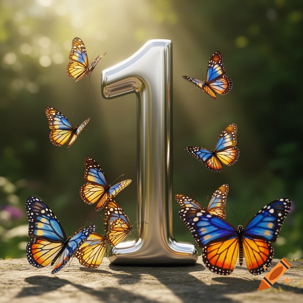 Shiny silver number 1 on a stone, surrounded by orange and blue monarch butterflies in a sunny natural setting.