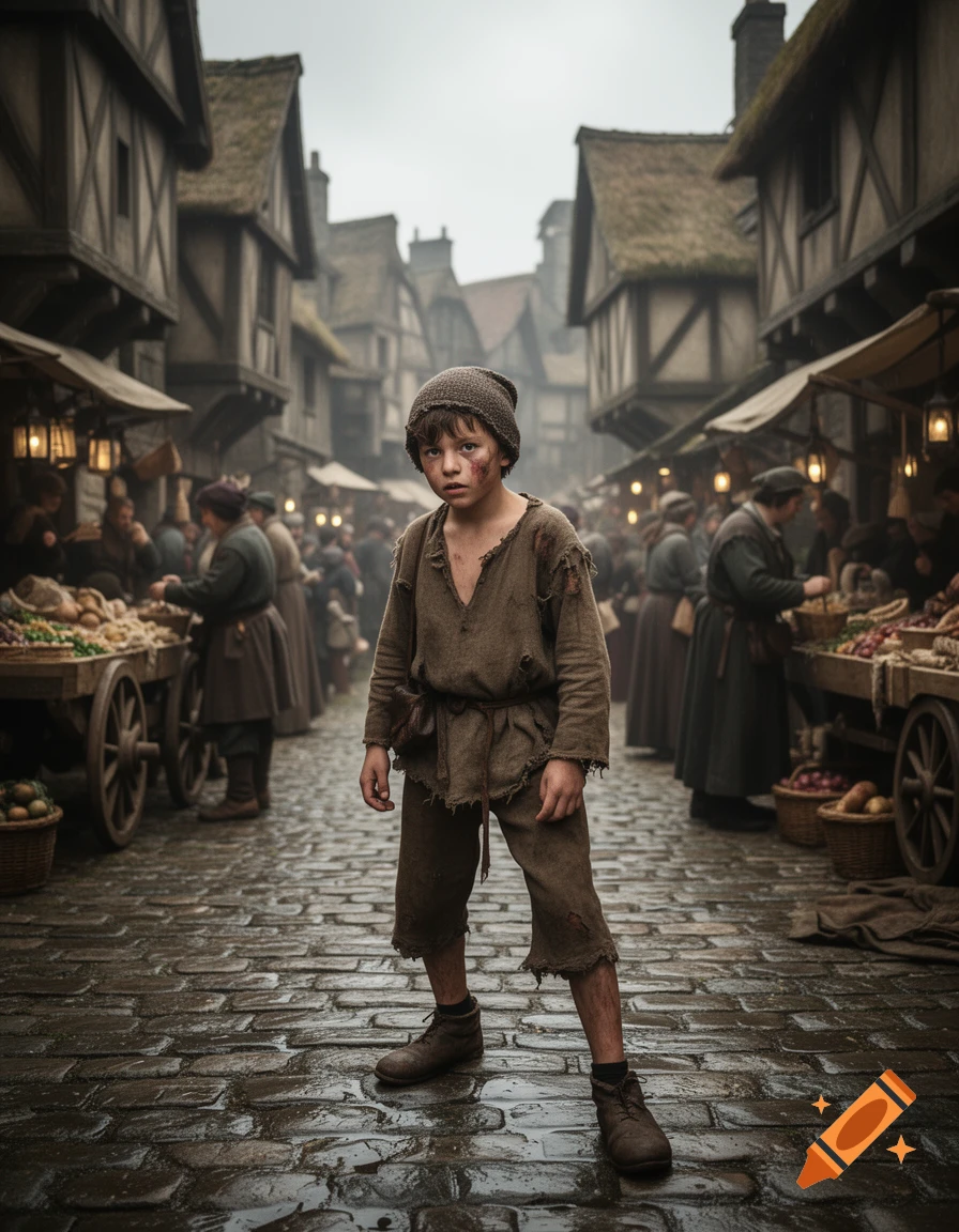 A young, dirty boy in ragged clothes stands on a wet cobblestone street in a bustling medieval market, photorealistic.
