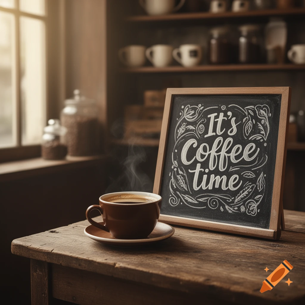 A steaming cup of coffee on a rustic wooden table next to a chalkboard sign that reads "It's Coffee time" in a warm cafe setting.