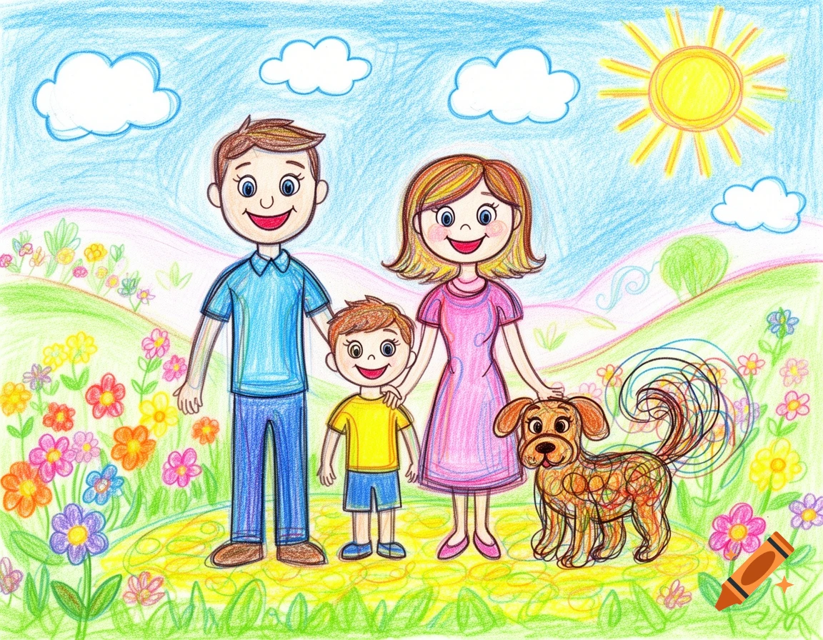 A child's crayon drawing of a smiling family and their dog standing in a field of colorful flowers under a sunny blue sky.