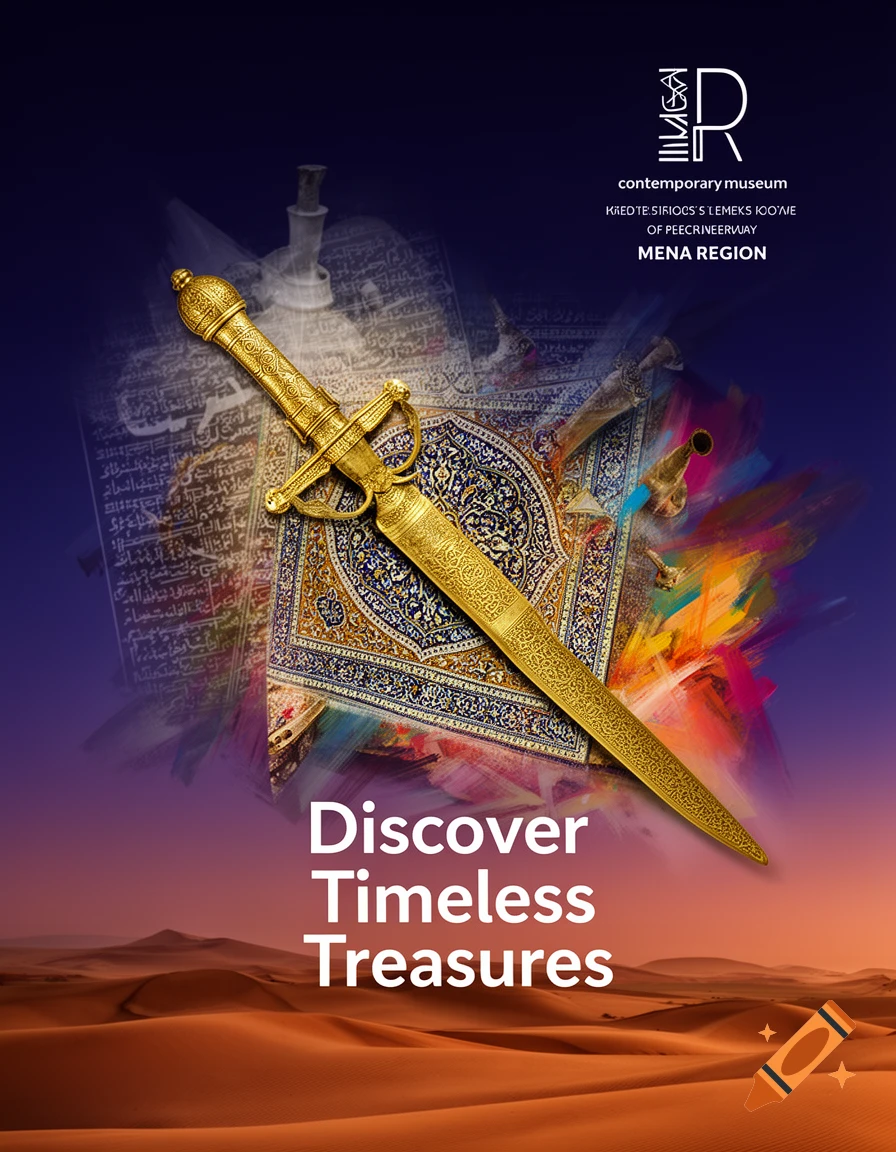 A museum flyer with a golden dagger over a patterned rug, desert dunes below, and text that reads 'Discover Timeless Treasures' and 'Contemporary Museum MENA Region'.