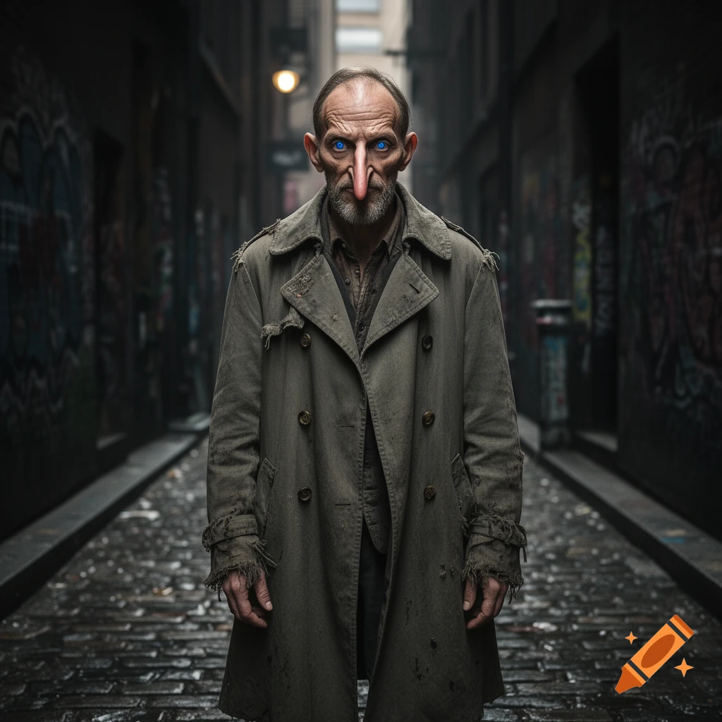 A distorted man with an elongated nose and blue eyes in a tattered trench coat stands in a dark, wet alley.