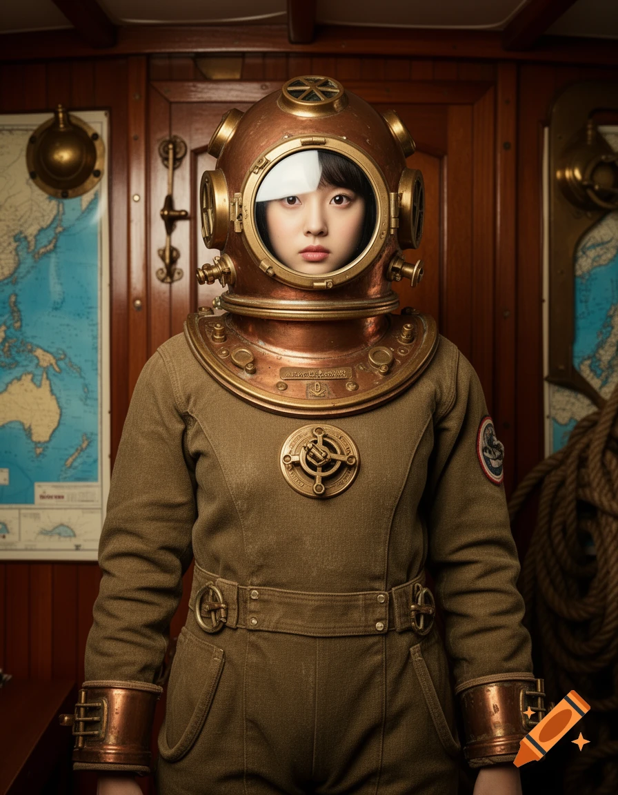 A young woman in a vintage brass diving helmet and olive suit stands in a wooden ship cabin.