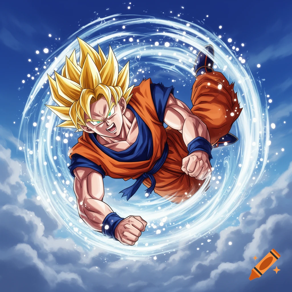 Super Saiyan Goku in an anime style, mid-action, surrounded by a swirling white energy aura against a blue sky with clouds.
