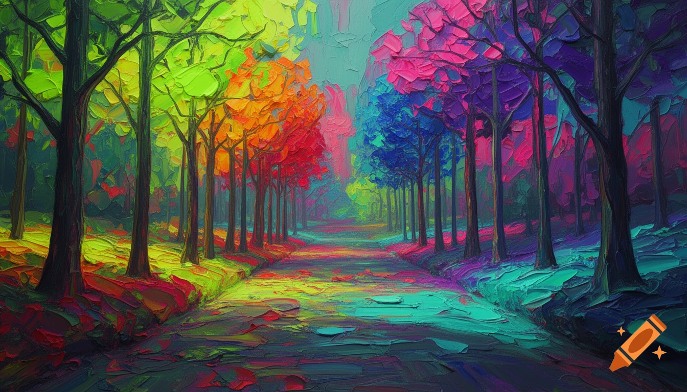 Abstract impasto painting of a vibrant, neon-colored forest path flanked by trees.