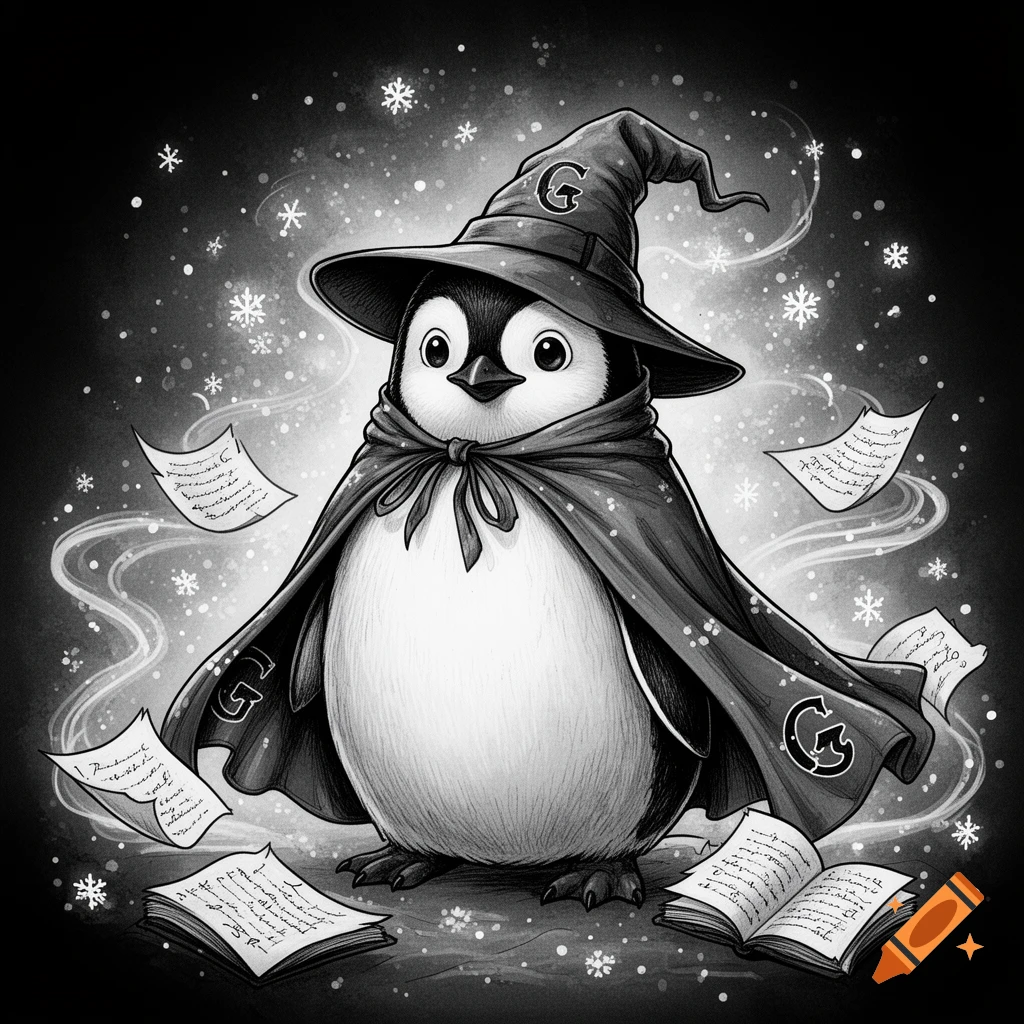 A cute, stylized black and white drawing of a penguin wearing a wizard hat and cape with a 'G' emblem, surrounded by snowflakes and floating magical scrolls.