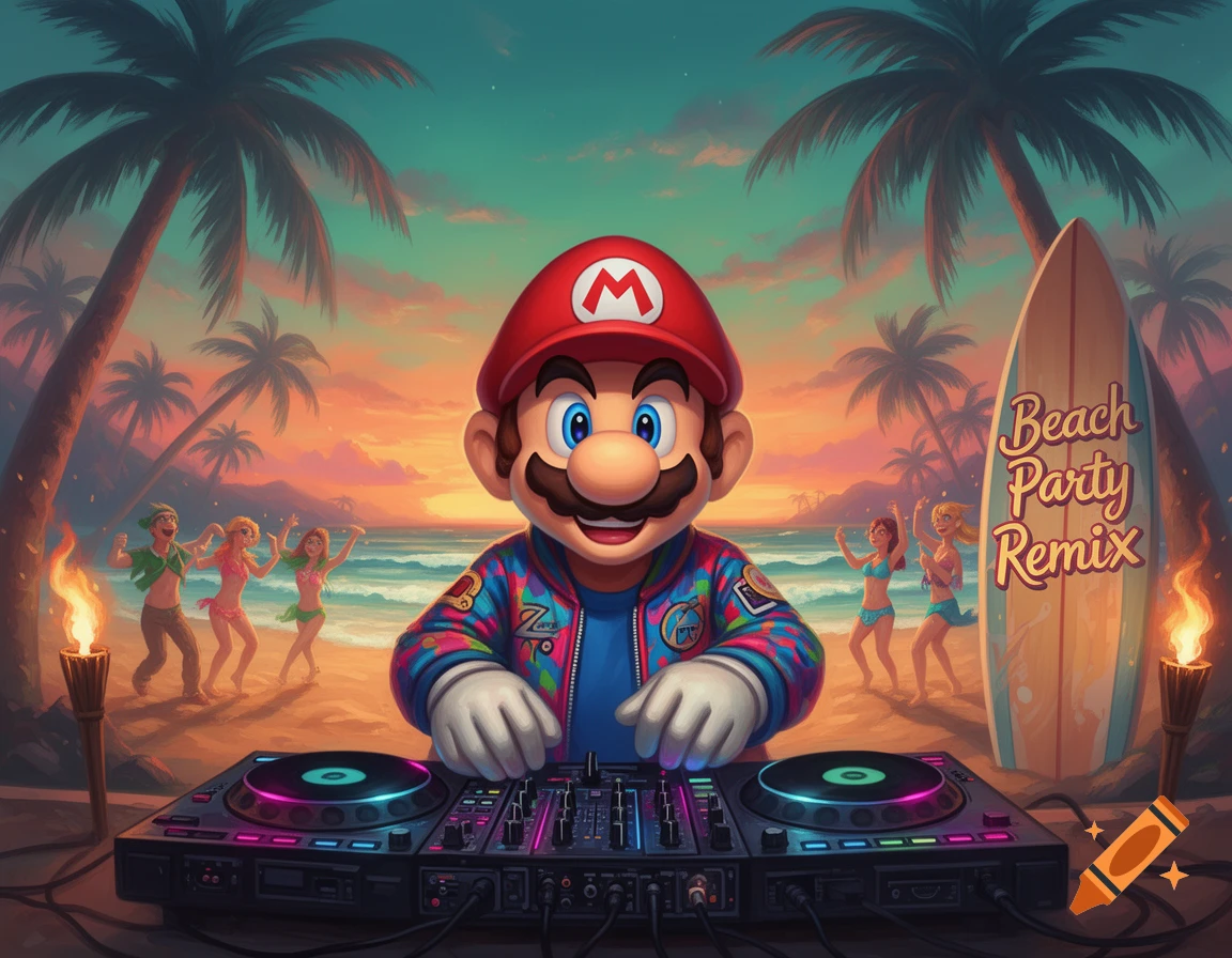 Super Mario as a DJ on a tropical beach at sunset, wearing a colorful jacket and headphones, with people dancing in the background and a surfboard that says 'Beach Party Remix'.