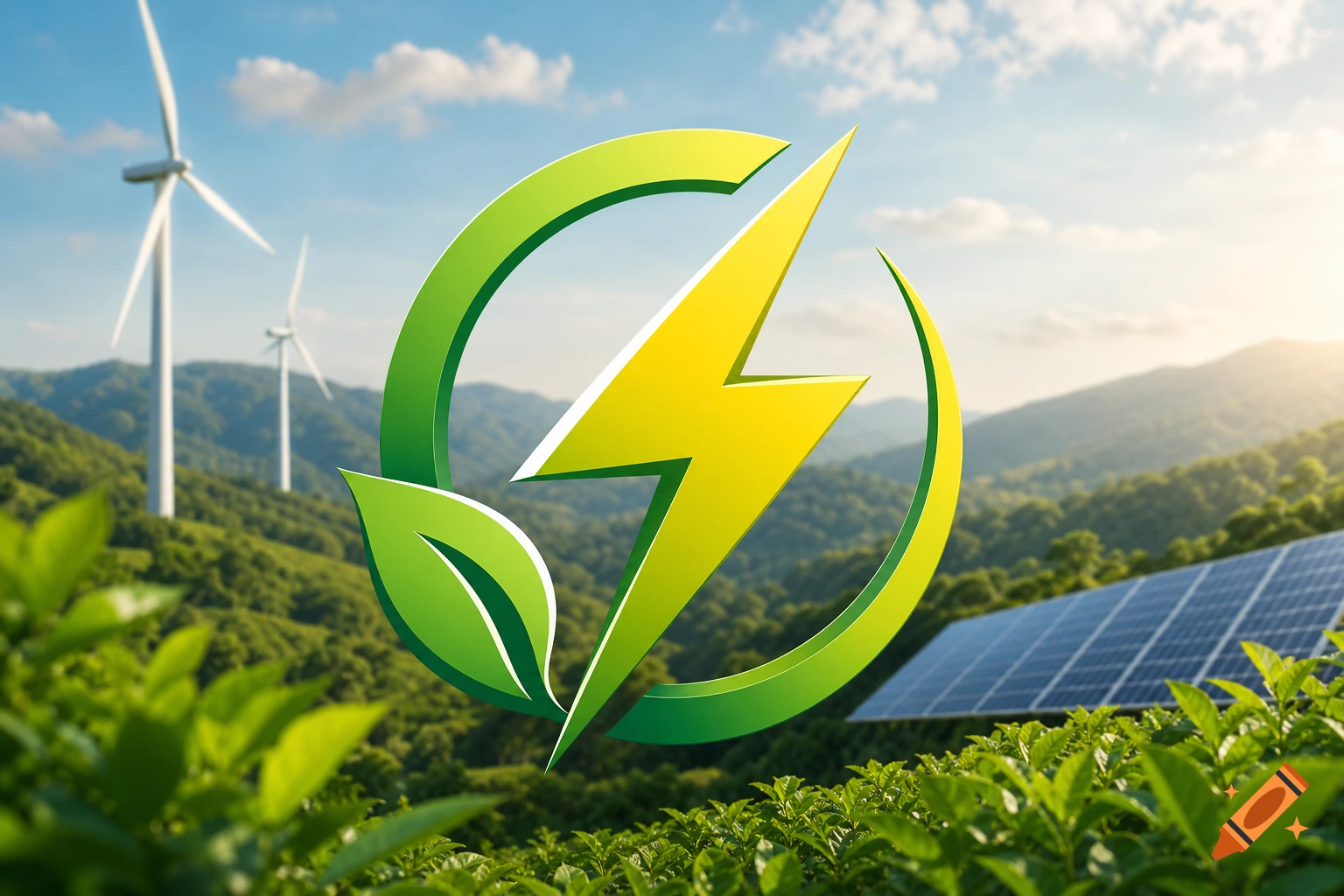A 3D green energy symbol with a leaf and lightning bolt over a landscape with wind turbines, solar panels, and green hills.