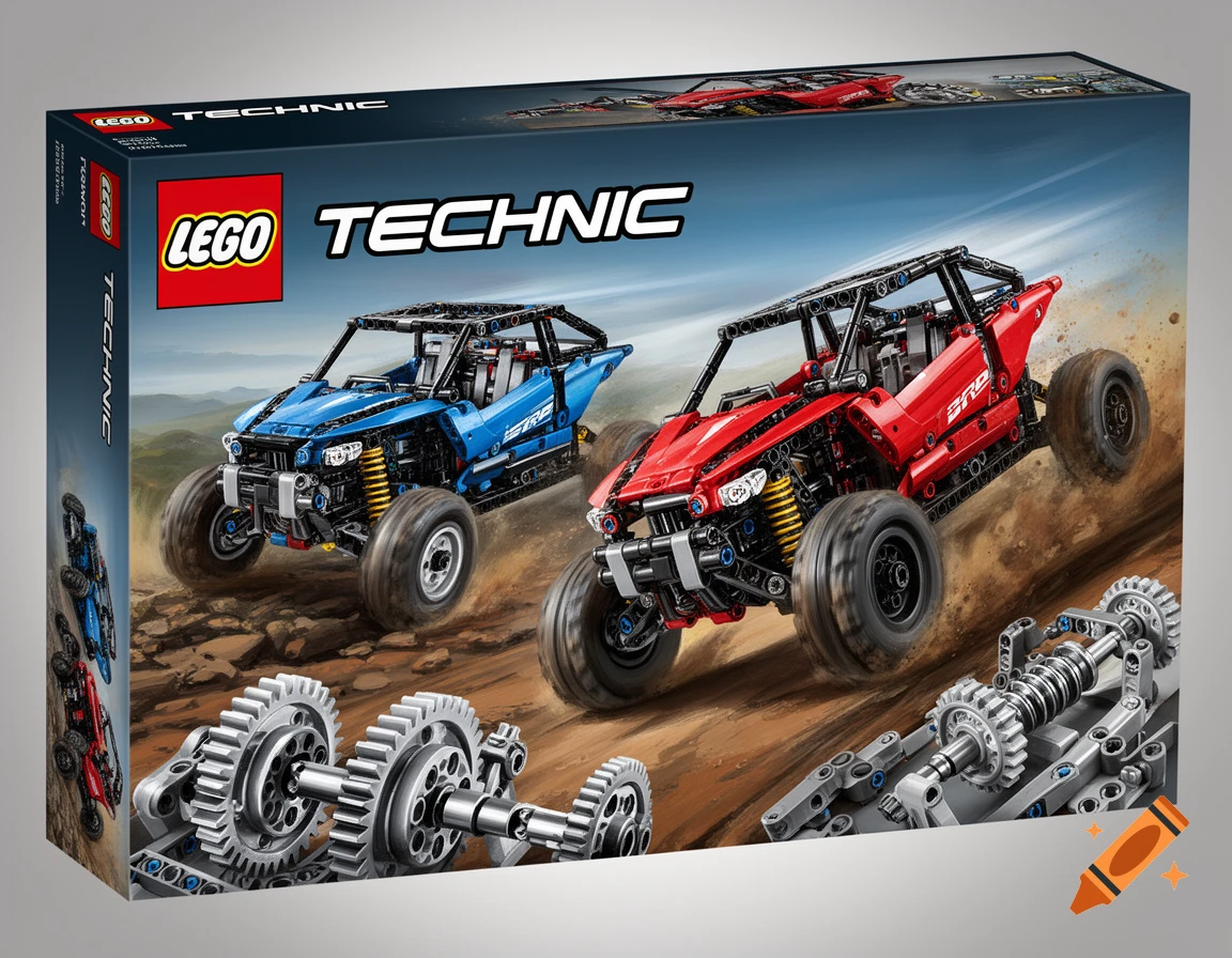 A Lego Technic box featuring a blue and a red off-road buggy racing on a dirt track, with visible gears and mechanical parts.