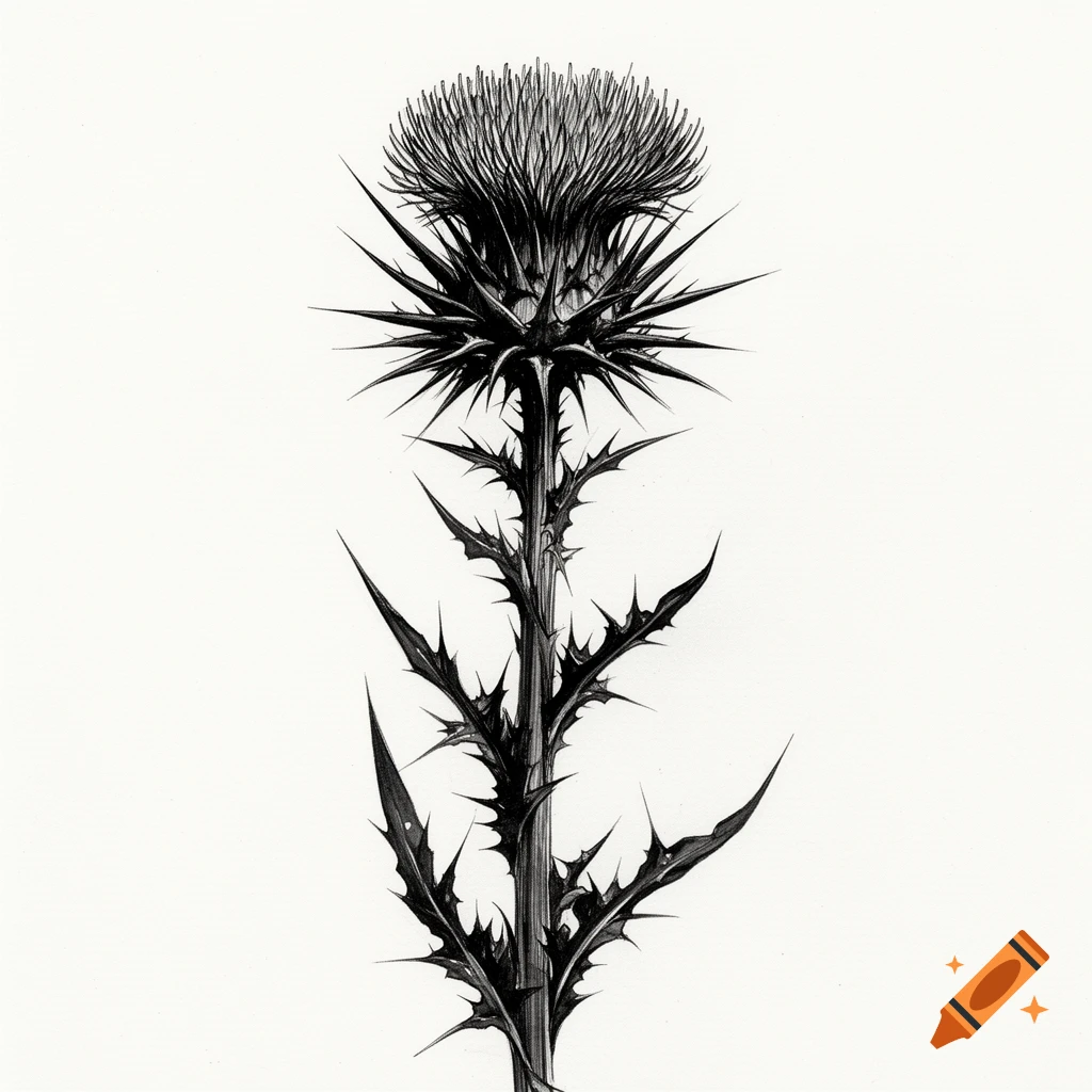 Detailed black and white ink drawing of a spiky thistle flower and stem on a white background.