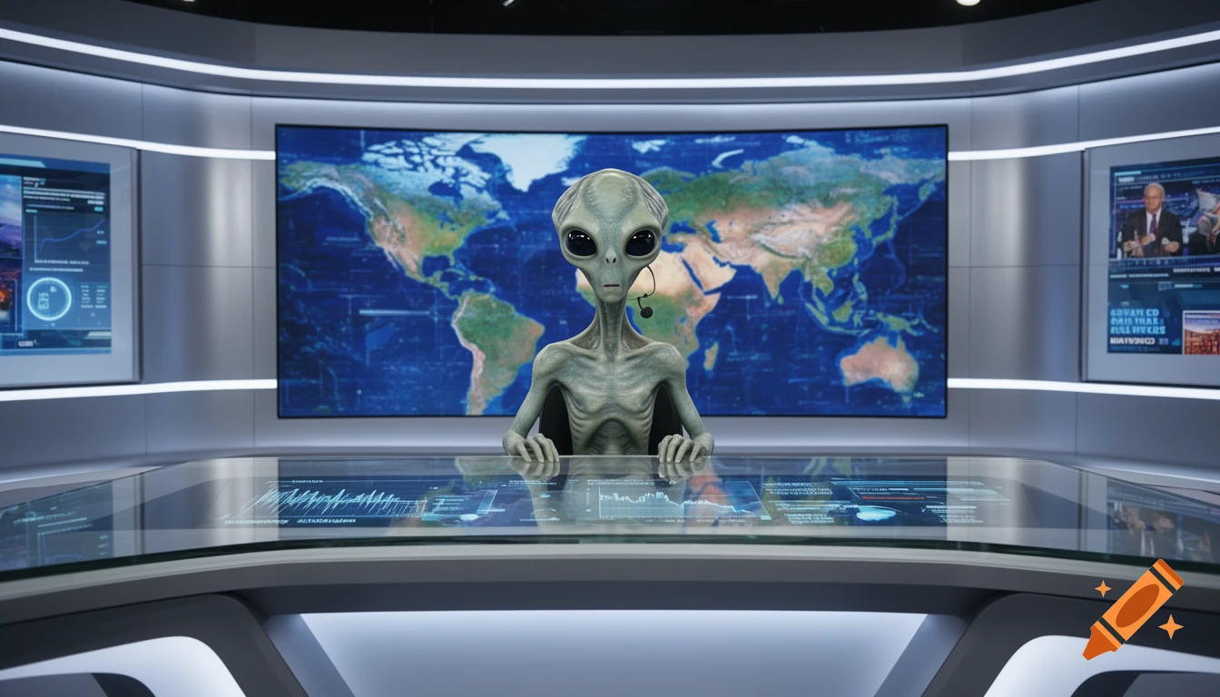 A grey alien with large dark eyes and a headset sits at a glass news desk in a futuristic TV studio, with a world map displayed on the large screen behind it.