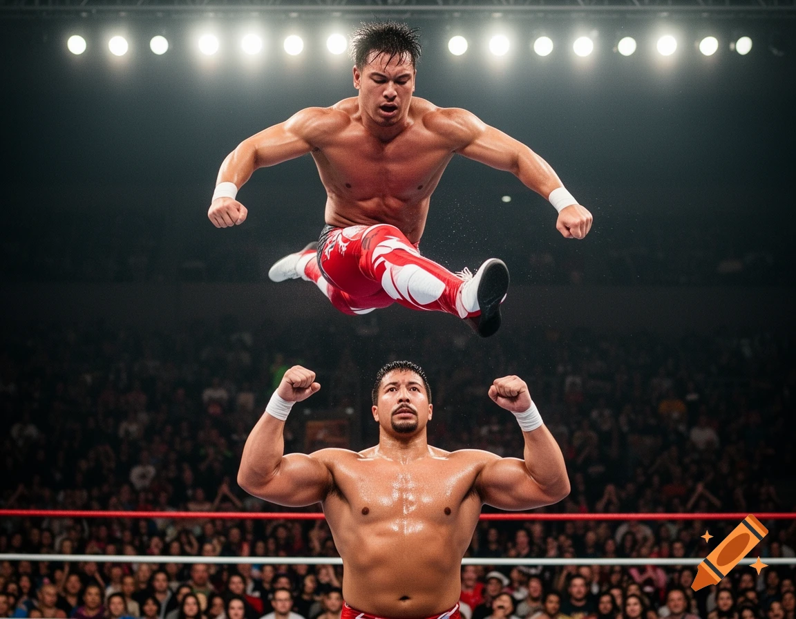 A shirtless male wrestler in red and white pants leaps mid-air over another shirtless male wrestler in a wrestling ring with a crowd in the background.
