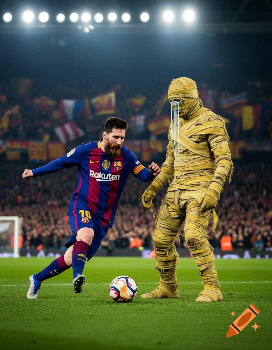 Photorealistic image of soccer player Messi dribbling a ball past a crying mummy on a green field in a stadium.