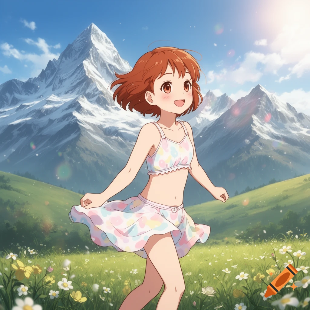 An anime girl with short brown hair, wearing a colorful two-piece, runs through a flower-filled meadow with snow-capped mountains in the background.