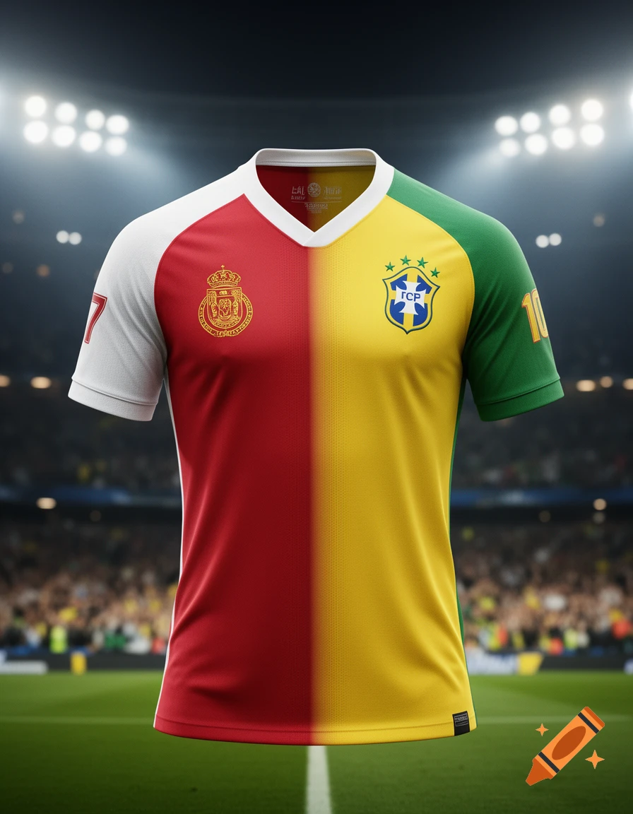 A half-red and white, half-yellow and green football jersey with numbers 7 and 10 on the sleeves, and stylized crests on the chest, set in a stadium.