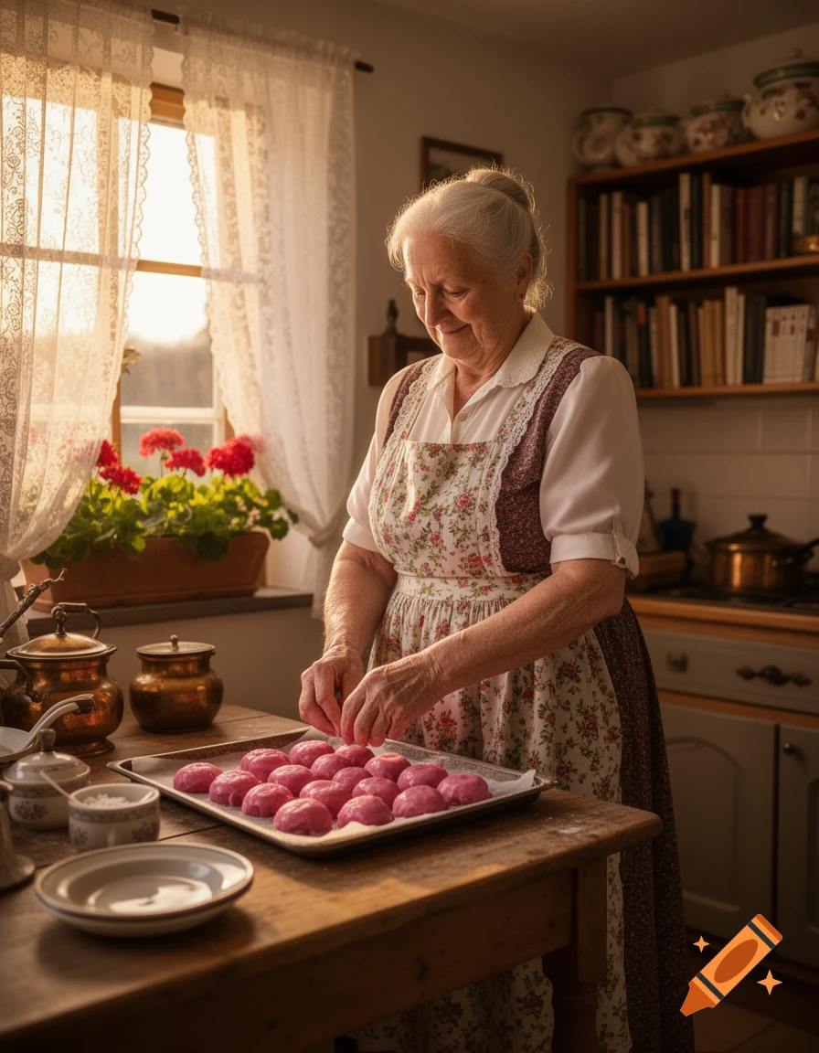 An elderly woman in a floral apron bakes pink pastries in a cozy, sunlit kitchen.