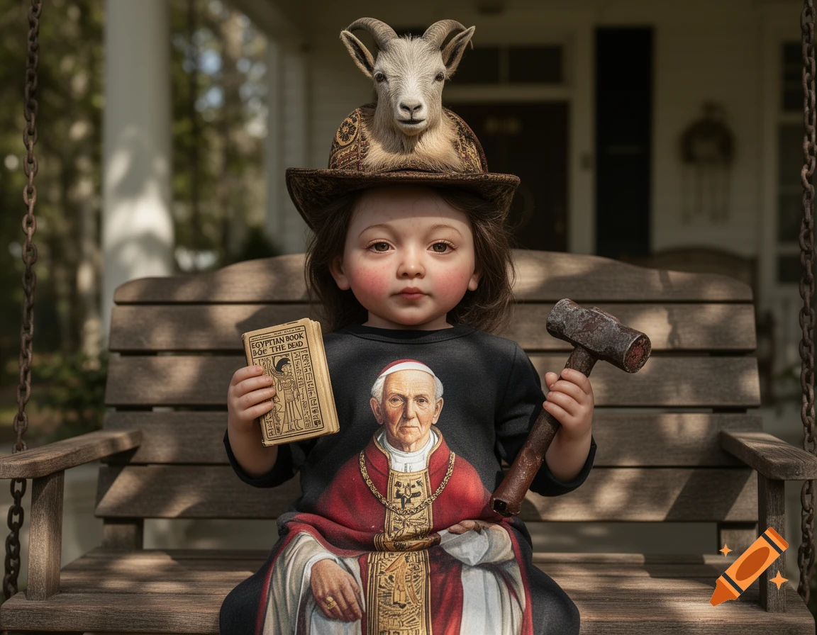 A photorealistic image of a child-like doll on a porch swing, wearing a pope shirt and a goat-head hat, holding a book and a hammer.