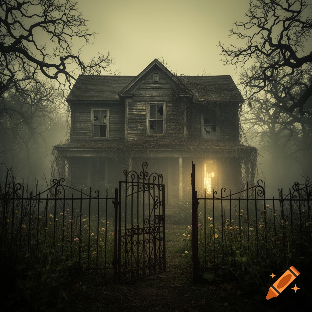 A dark, eerie, overgrown haunted house with broken windows and a glowing doorway stands in a foggy landscape surrounded by twisted, bare trees.