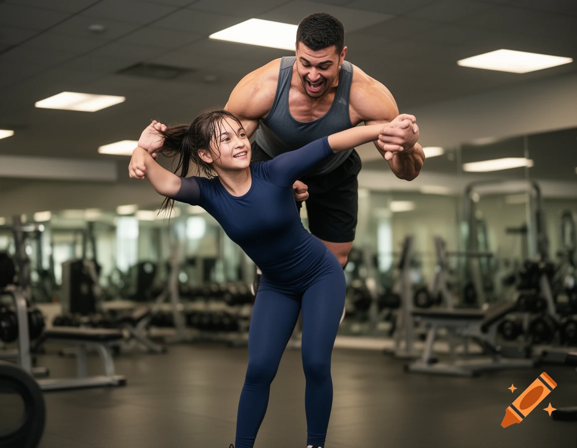 A strong man supports a smiling young girl in a blue athletic suit in a gym, as she poses with outstretched arms.