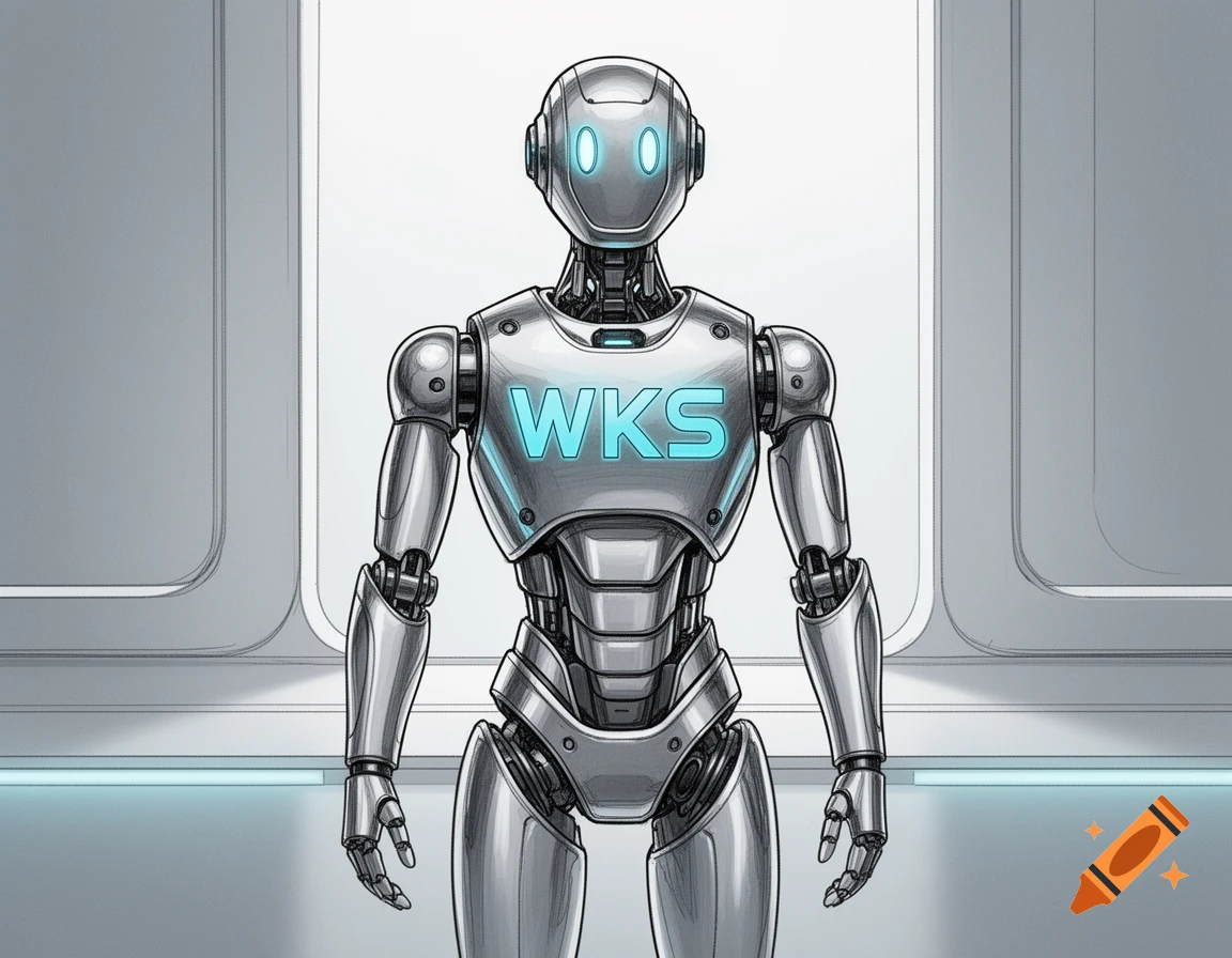 A silver robot with glowing blue eyes and 'WKS' on its chest stands in a futuristic, sterile room, in an illustrated style.