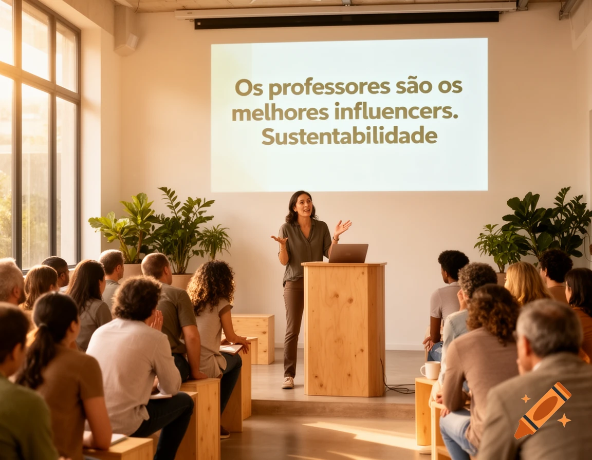 A woman gives a presentation to an audience in a brightly lit conference room with text on a screen behind her.