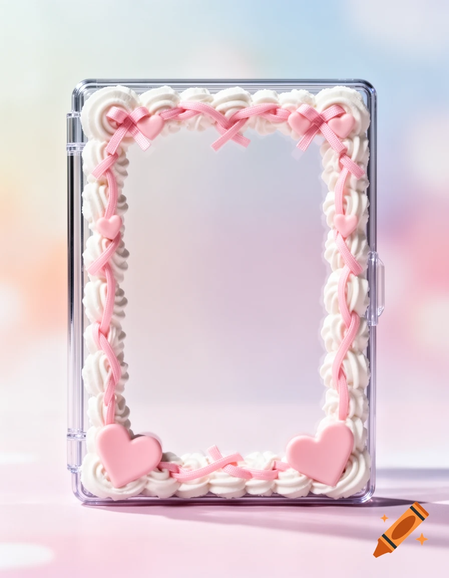 A transparent trading card case decorated with white piped frosting, pink ribbons tied into bows, and pink heart embellishments on a pastel background.