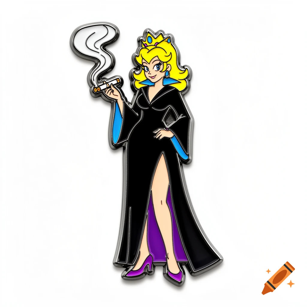 A stylized enamel pin depicts Princess Peach in a black dress with a high slit, wearing a crown and smoking a cigarette.