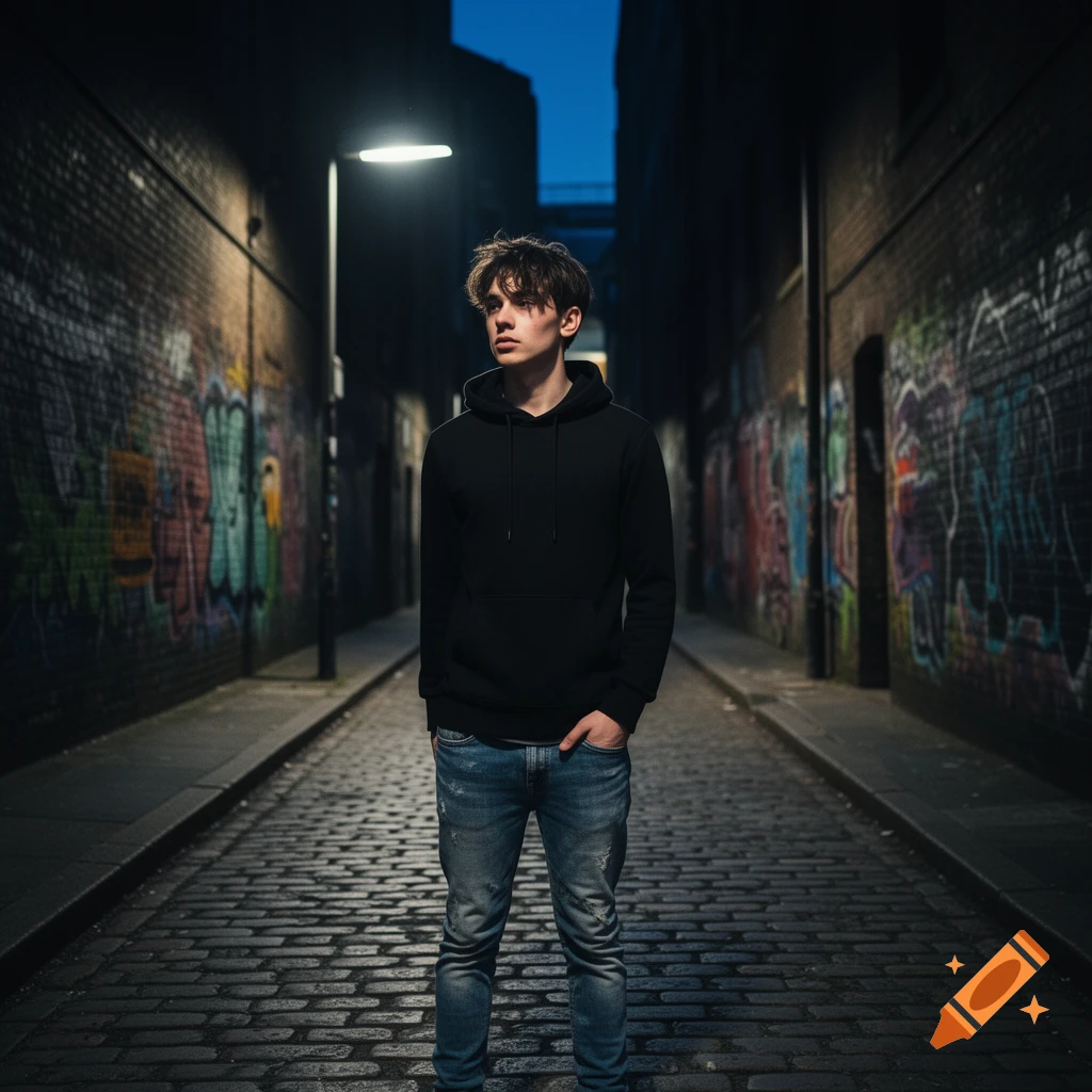 A young man in a black hoodie and jeans stands in a dimly lit urban alley with graffiti-covered brick walls and a streetlamp.