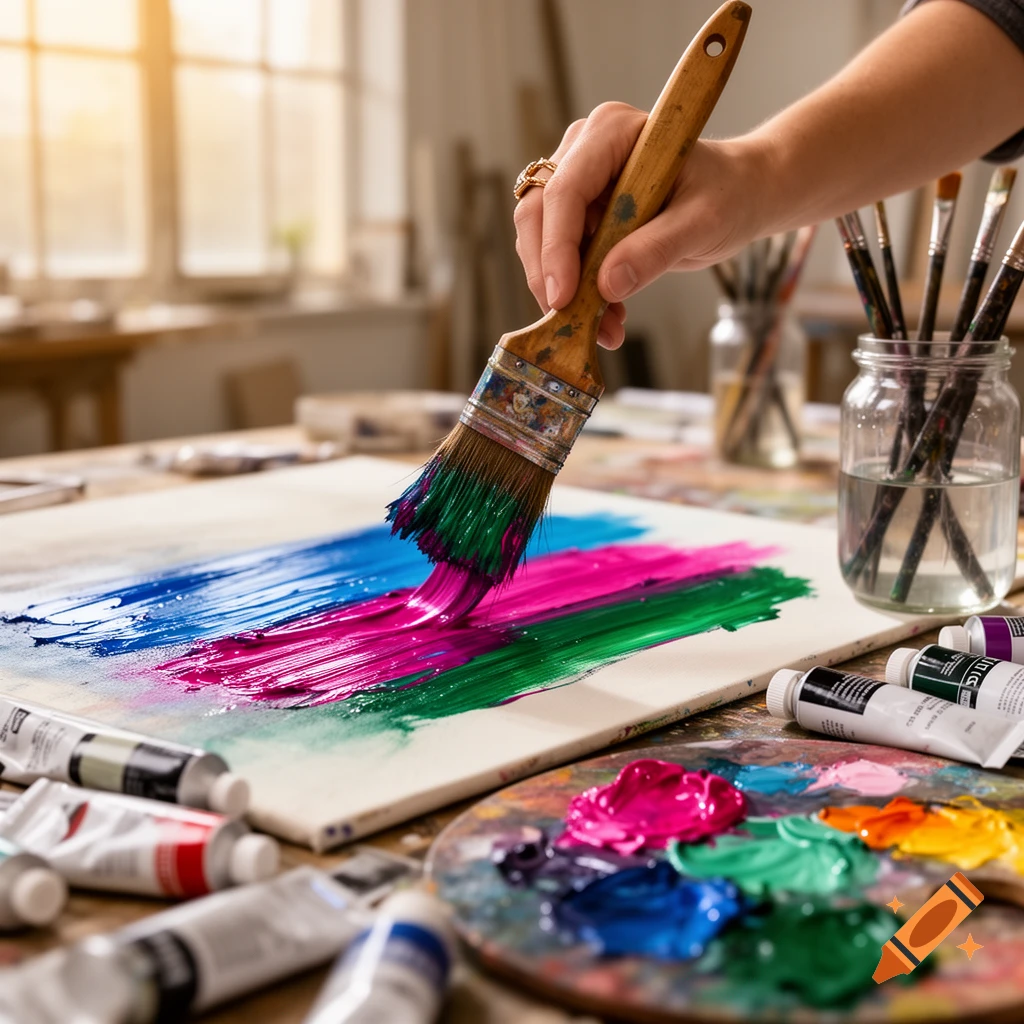 Close-up of a hand holding a paintbrush, adding vibrant pink, blue, and green strokes to a canvas. Paint tubes and a palette are visible.