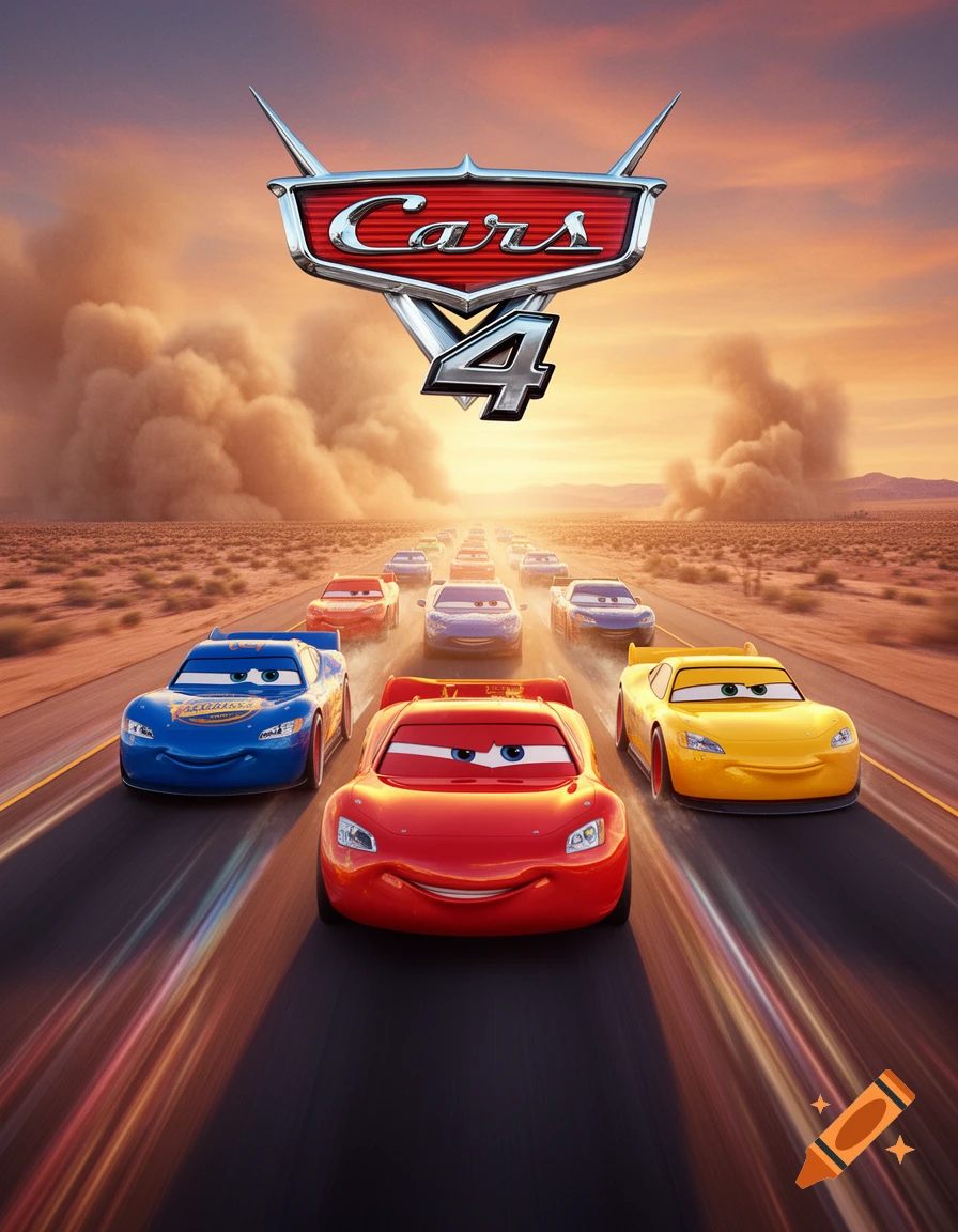 A red, blue, and yellow cartoon race car lead a pack on a desert highway under a Cars 4 logo at sunset.
