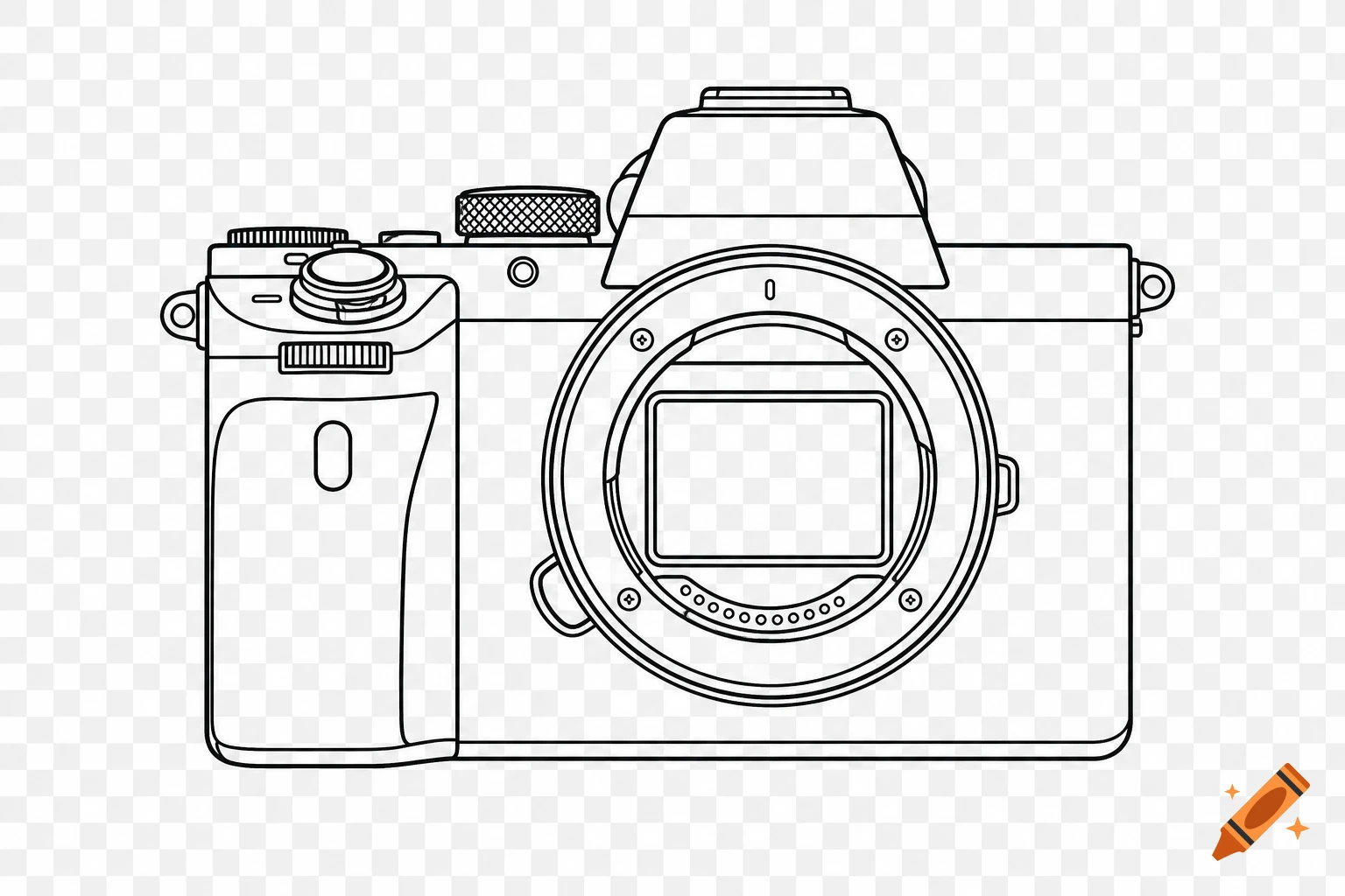 A clean black and white line art outline of a mirrorless camera, shown against a transparent background.