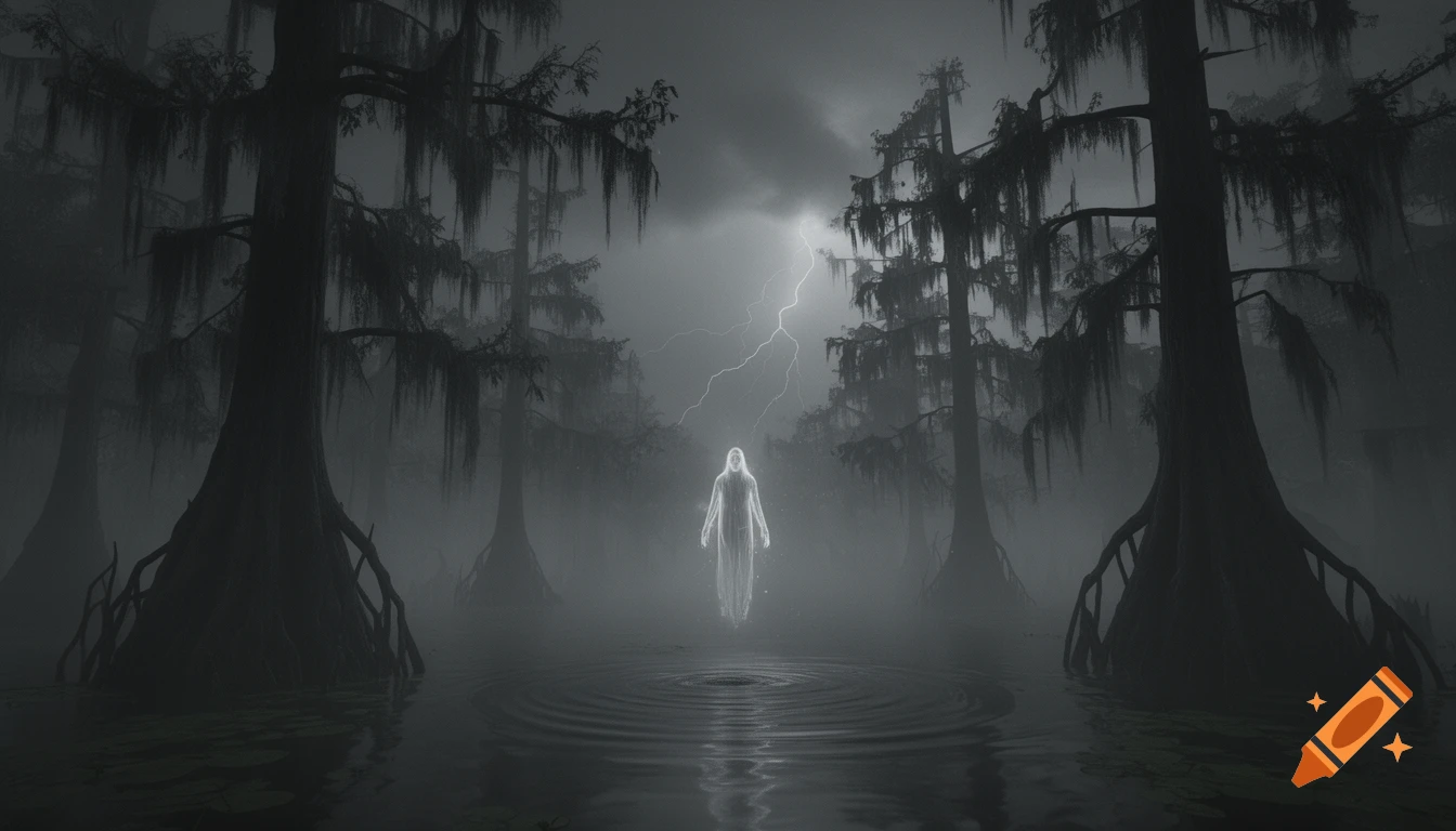 A glowing spectral figure floats above rippling water in a dark, foggy swamp with lightning in the stormy sky.