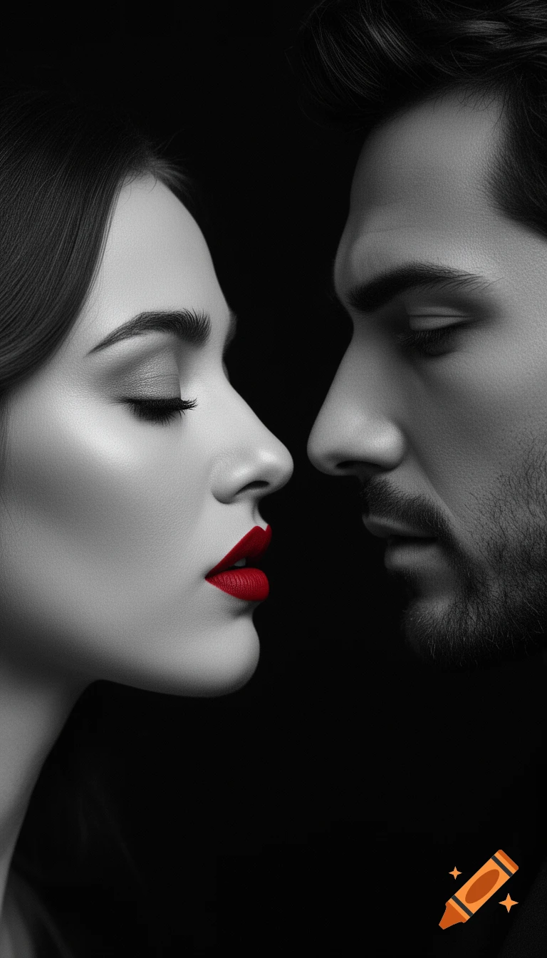 Close-up cinematic black and white portrait of a man and woman about to kiss, with the woman's lips in vibrant red.