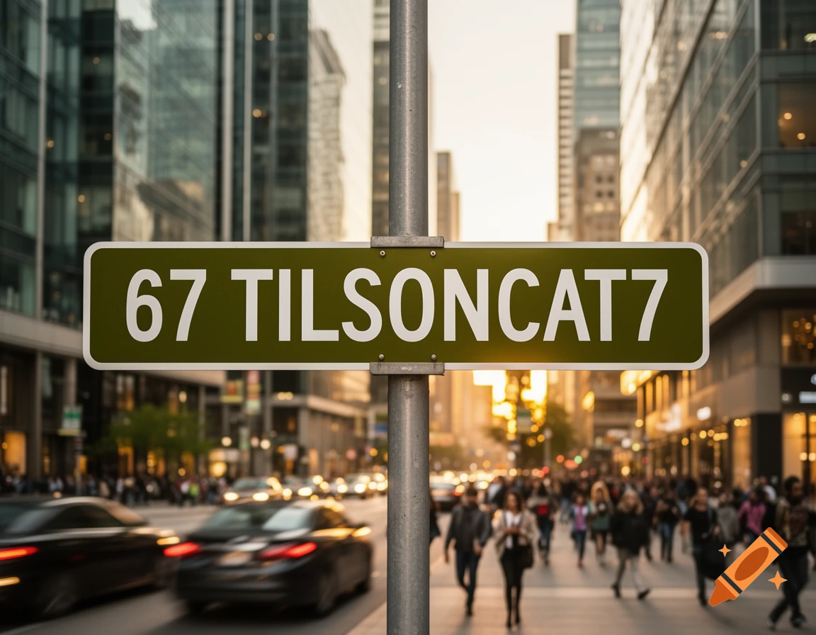 A green street sign '67 TILSONCAT7' in a bustling city street with blurred cars and pedestrians at sunset.