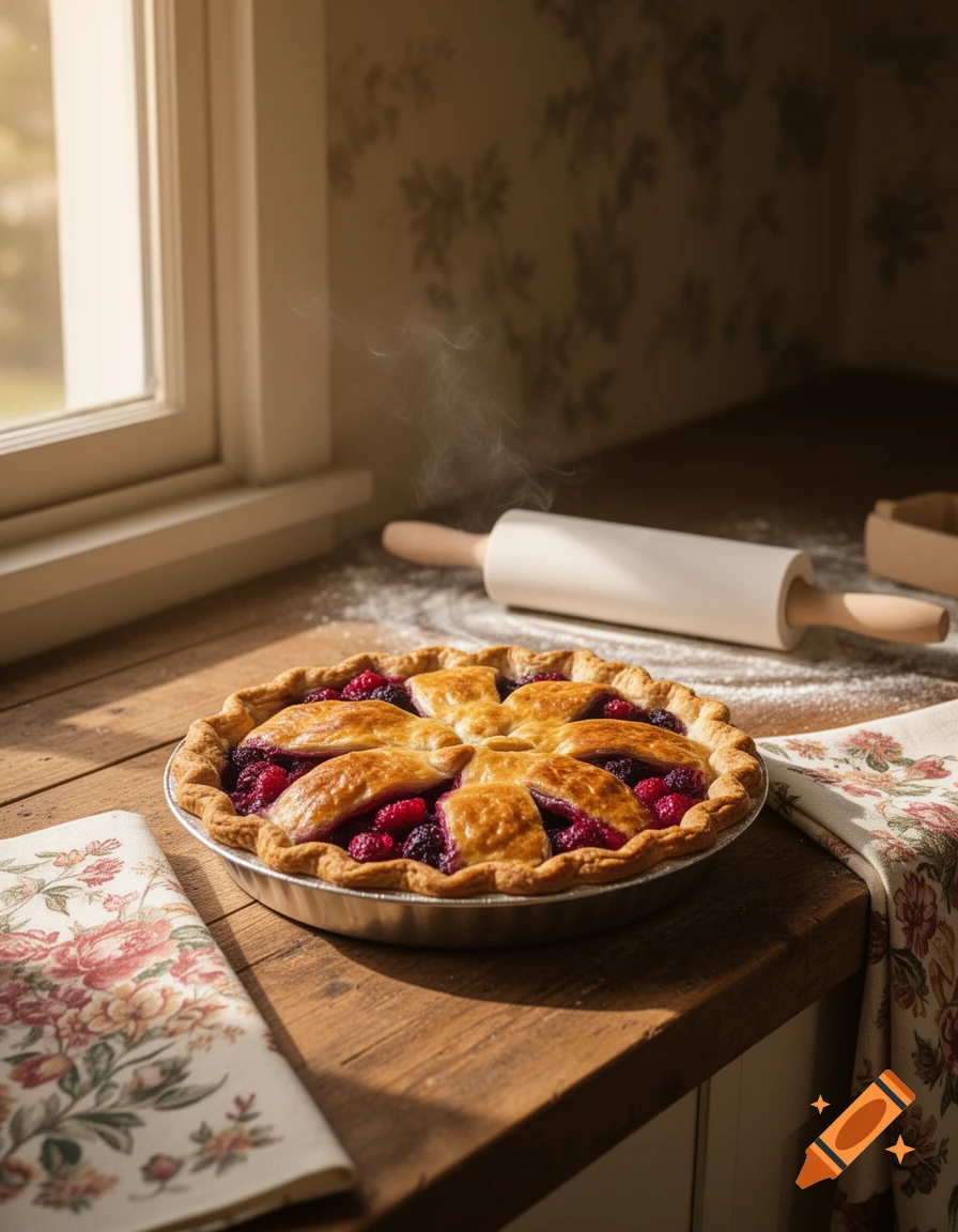 A freshly baked berry pie in a foil tin sits on a rustic wooden counter next to a window, bathed in warm sunlight. A rolling pin and flour dust are in the background, with floral napkins nearby.