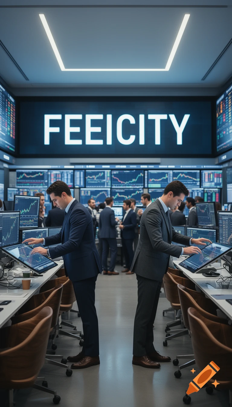 Photorealistic image of two very tall stock traders in suits interacting with multiple screens on a modern trading floor.