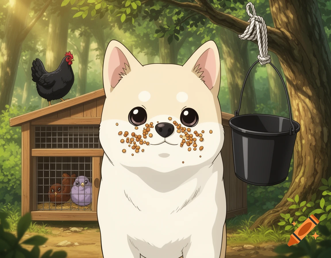 Anime Shiba Inu with feed on its face near a chicken coop with chickens and a hanging bucket in a forest.