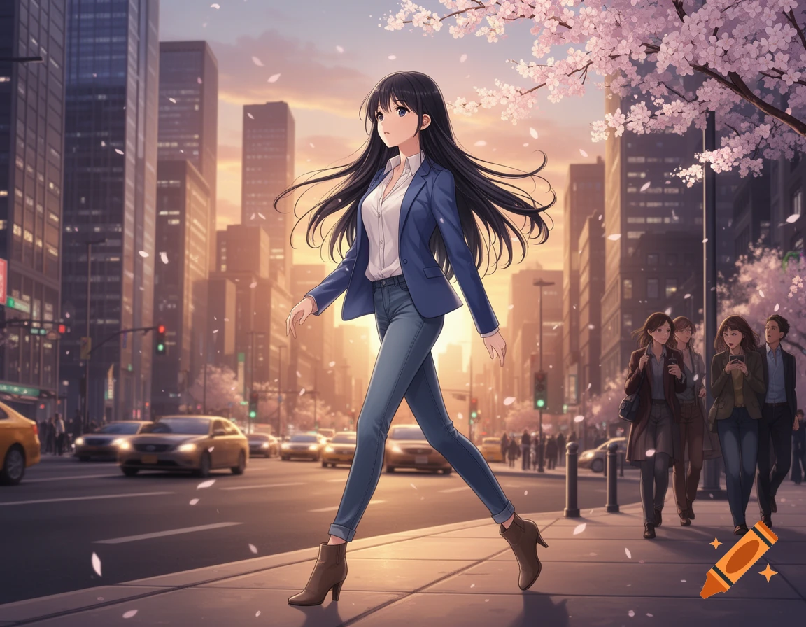 Anime woman with long dark hair in a blue blazer walking on a city street with falling cherry blossoms and tall buildings at sunset.